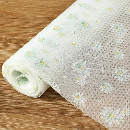 Daisy Flower Shelf Liner for Kitchen Cabinets, Non-Adhesive Drawer Liners, Non-Slip Refrigerator Mat, Washable EVA Cabinet Liner for Pantry, Fridge, Closet, Cupboard, 12" x 10 FT
