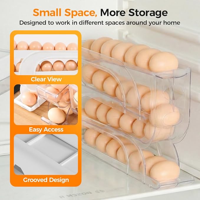 Egg Holder for Fridge, 2026 Rolling Egg Container for Refrigerator, Egg Dispenser for Refrigerator, Countertop, Kitchen, Space-Saving Kitchen Tool, Holds 30 Egg (Transparent)