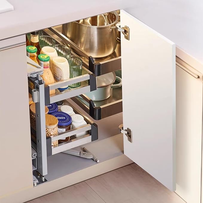 Gdrasuya10 2 Tier Corner Blind Cabinet Pull Out Organizer, 4 Shelves Corner Pull Out Cabinet Stainless Steel Slide Out Kitchen Cornér Cabinet Organizer Shelf for 15" Opening Door (Left)