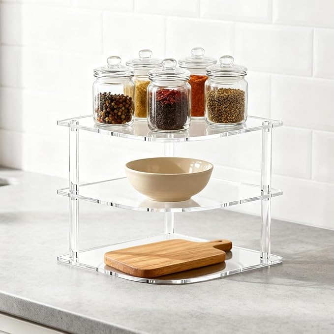 Plate Organizer for Cabinet Space Saver, Clear Acrylic 3-Tier Corner Shelf for Kitchen Storage, Holds Dishes and Bowls, Compact Bathroom Shelf for Organized Spaces