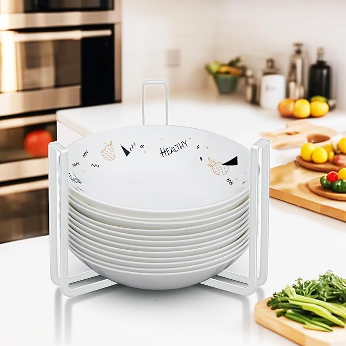 Dinnerware Bowl Plate Holder Fit for 6.5 Inches Diameters Bowl, Metal Bowl Storage Dying Display Rack for Kitchen Drawer, Countertop, Cabinet, Shelf, Cupboard (White, Small 1PCS+Large 1PCS)