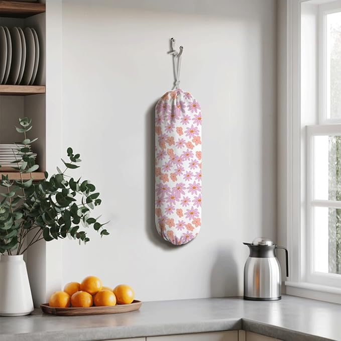 Pink Floral Grocery Bag Holder, Trash Grocery Bag Storage Dispenser, Shopping Trash Bags Organizer, Decorative Plastic Bags Holder for Wall Decor, Home Decor for Kitchen Pantry
