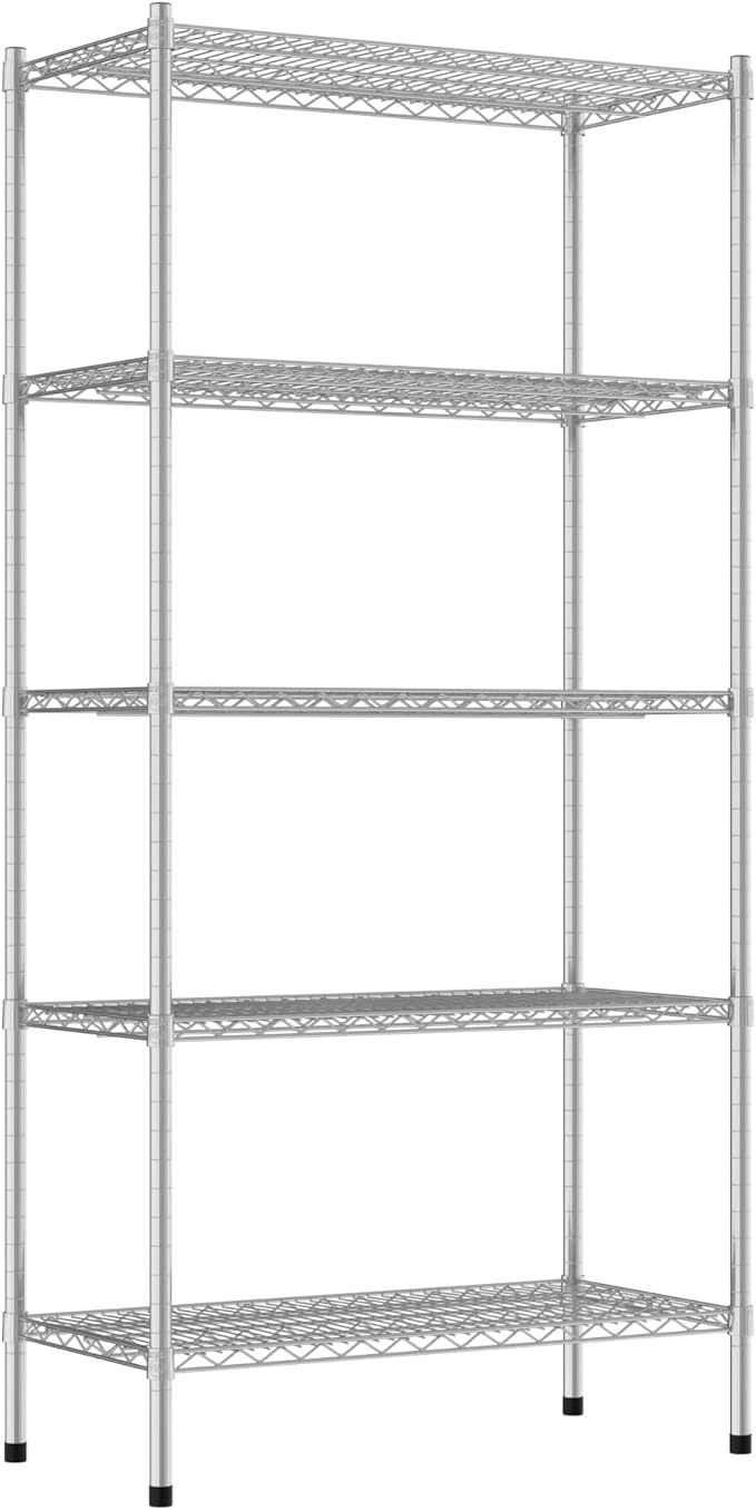 Commercial NSF Listed Chrome Stationary Wire Shelving Kit 18" x 36" x 74", with 5 Shelves Perfect for Warehouse, Walk-in Refrigerator, Freezer, Grocery Store, Restaurant, Dishroom