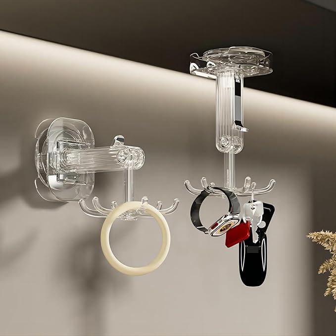 Hanging Utensil Holder Hooks Kitchen Utensil Hanger Wall Mount 360° Rotating Folding Hook Strong Suction Cup Hook Utensil Rack with 6 Hooks for Kitchen Bathroom Cabinet 2 Pack (Transparent)