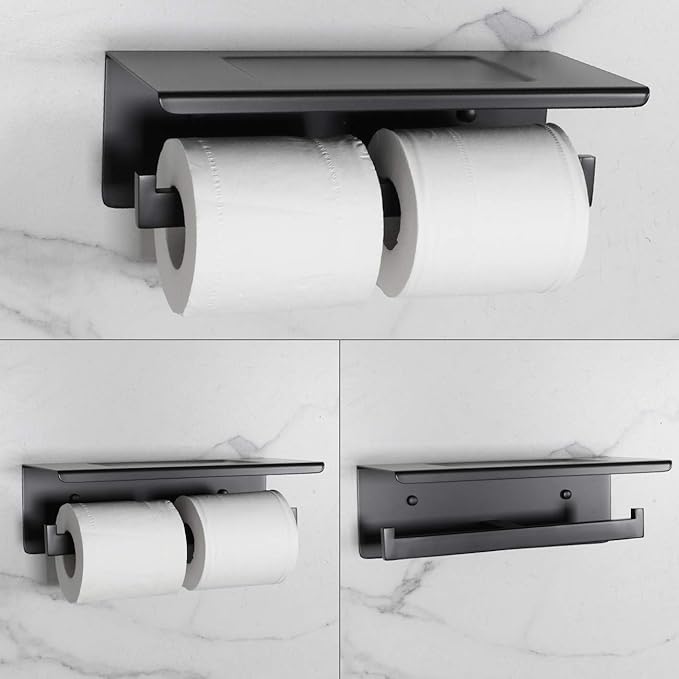 Matte Black Toilet Paper Holder - Toilet Paper Double Roll Holder with Shelf Wall Mounted for Bathroom, Stainless Steel