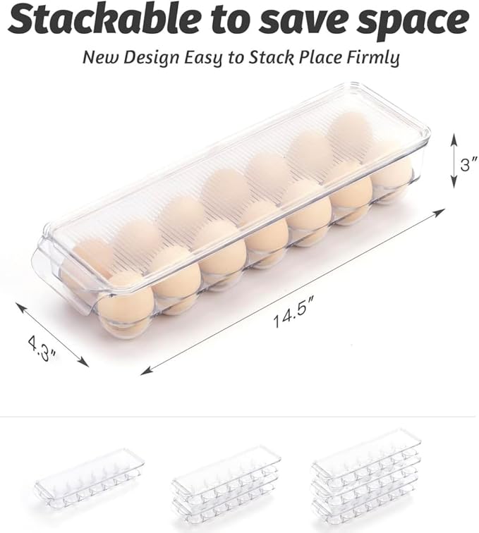 Egg Holder for Fridge with Lid, Egg Containerand for Refrigerator with Front Handle, BPA-Free Clear Plastic 14 Eggs Stackable Tray Storage for Refrigerator. (28 Eggs, Pack of 2)