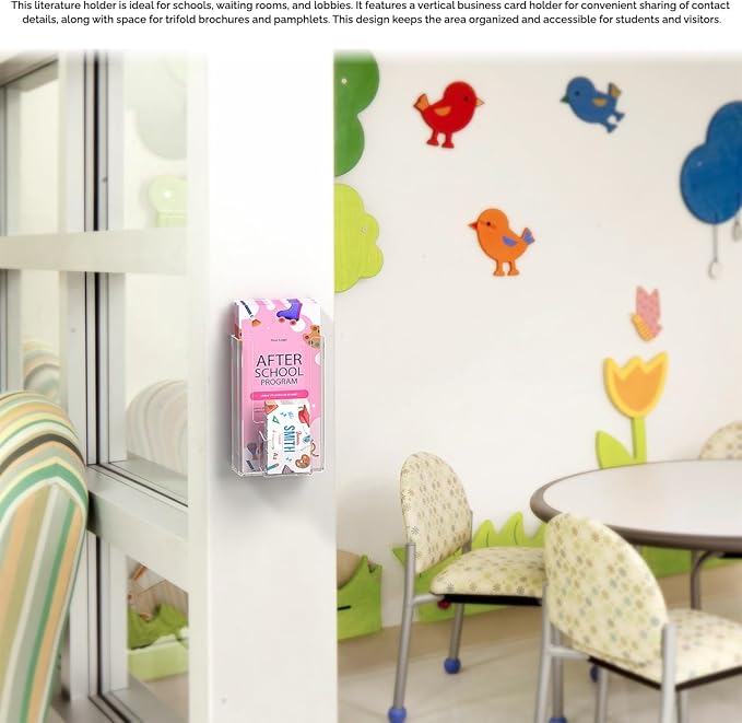 Marketing Holders 2 Pack Brochure Holder with Hardware for 4 Inch Trifold Flyers and 2" x 3.5" Printed Media Cards for Tourist Attractions Gift Shops Retail Stores Rack Clear Acrylic Wall Mount