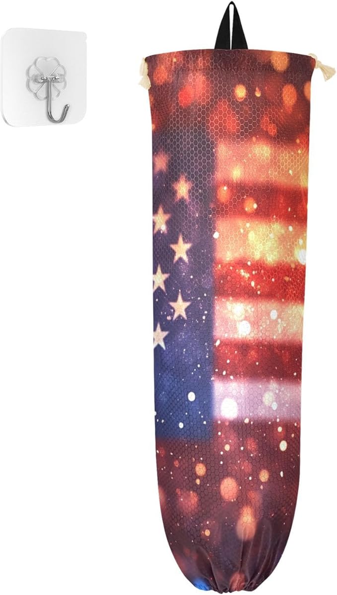 Plastic Bag Holder Wall Mount Grocery Bag Shopping Bag Storage Holder Organizer Dispenser with Adhesive Hook,for Kitchen Bathroom Home Decor 9x22 Inches July 4th Abstract Blurry Flag Red37