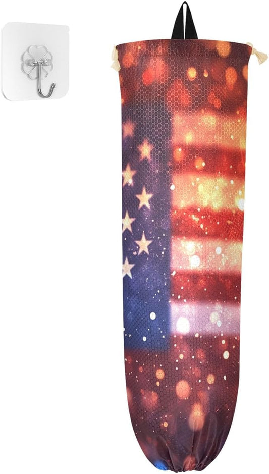 Plastic Bag Holder Wall Mount Grocery Bag Shopping Bag Storage Holder Organizer Dispenser with Adhesive Hook,for Kitchen Bathroom Home Decor 9x22 Inches July 4th Abstract Blurry Flag Red37