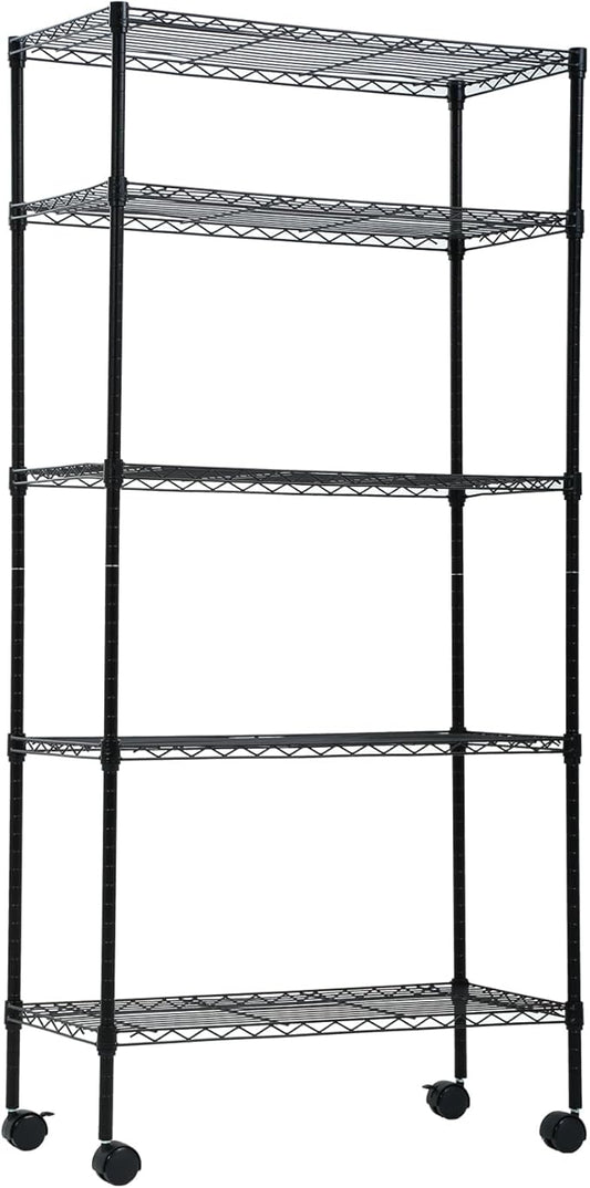 5-Shelf Adjustable Storage Shelf, Heavy Duty Storage Shelving Unit with Wheels, Standing Shelves Metal Organizer Wire Rack for Kitchen Bathroom Pantry, 30" L x 14" W x 60" H, Black