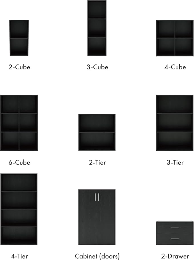 Homes: Inside + Out Apexa 6-Cube Storage Organizer Shelves, Stackable Wood Bookcase Fits Cubby Bins for Organization, Dorm Teen Room Decor & Home Office, Black