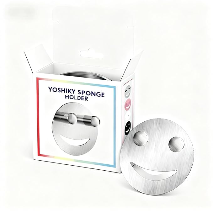 Stainless Steel Smiley Face Dish Sponge Holder, Silver Sink Caddy Organizer Storage with Suction Cup for Kitchen, Kitchen Sink Accessories Decor Scrubber Holder with Gift Box