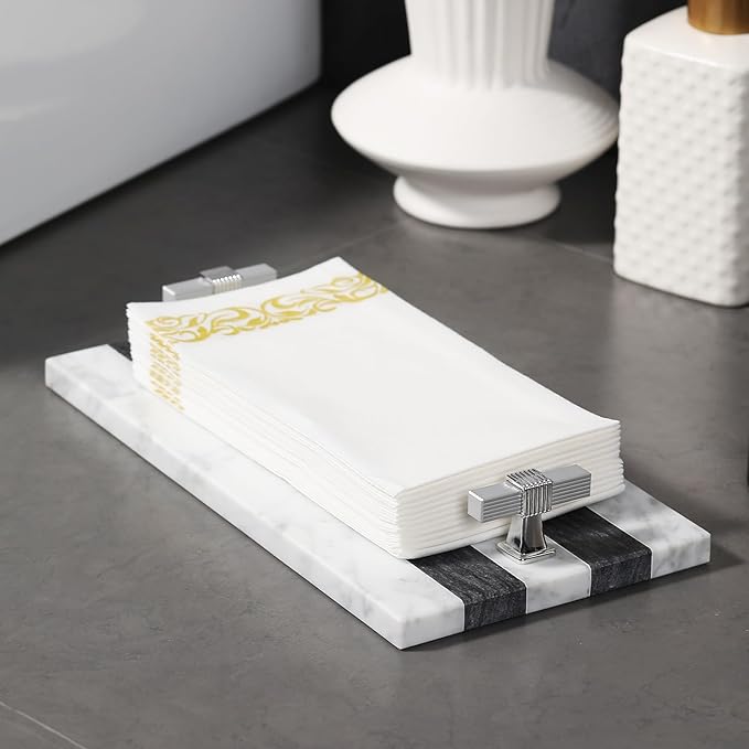 Marble Guest Towel Holder Disposable Paper Towel Tray Vanity Tray Sliver Color Handle, Bathroom Sink Tray Bathroom Napkin Holder