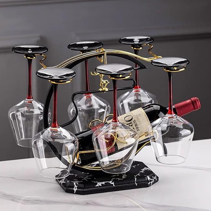 Homya Wine Rack - Under Cabinet Goblet Wine Bottle Holder Glass Storage Rack Metal Storage Rack for Easy Access and Storage of Wine Glasses Fortune Deer Edition 6 Glasses + 1 Bottle，High-end Wine Rack
