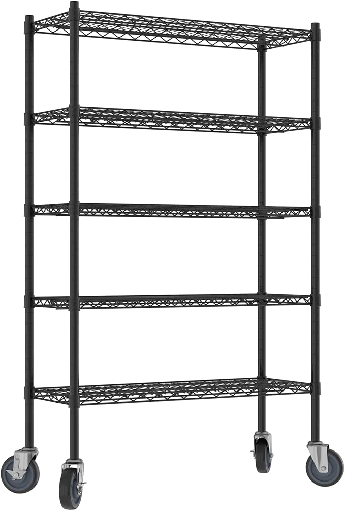 Commercial NSF Listed Black Epoxy Mobile Wire Shelving Kit 14" x 36" x 60", with 5 Shelves Perfect for Warehouse, Walk-in Refrigerator, Freezer, Grocery Store, Restaurant, Dishroom