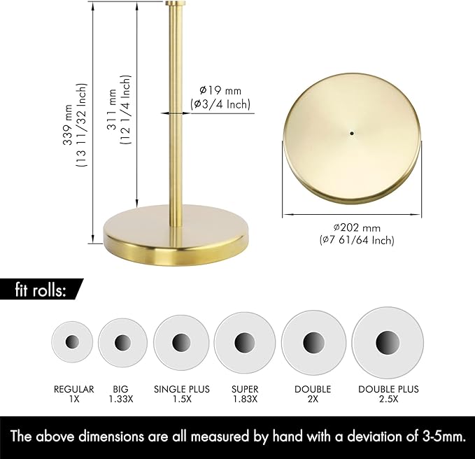 KES Kitchen Paper Roll Holder Standing Paper Towel Holder with Weighted Base for Standard or Mega Rolls SUS304 Stainless Steel Brushed Gold, KPH202-BZ