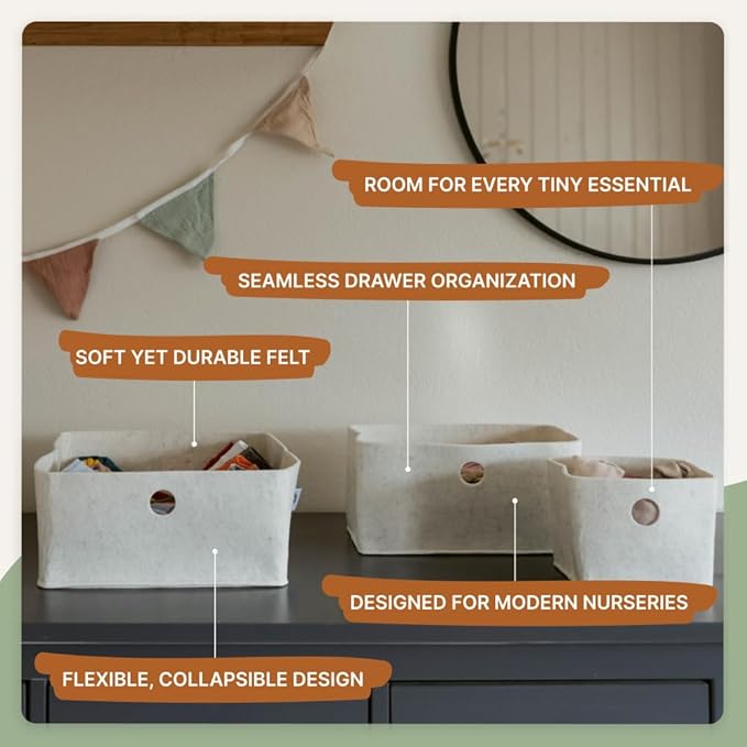 Parker Baby Felt Drawer Organizers 3 Pack | Versatile & Sturdy Nursery Organizers for Drawers | Extra-Durable and Collapsible Soft Felt Drawer Storage Bins w/Soft Edges | Heathered White, 3 Pack