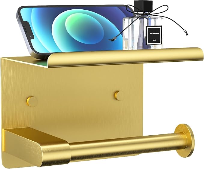 Brushed Gold Toilet Paper Holder Wall Mount, Fits Mega Rolls Size Rustproof Self Adhesive Brushed Brass Toilet Paper Holder Gold with Shelf