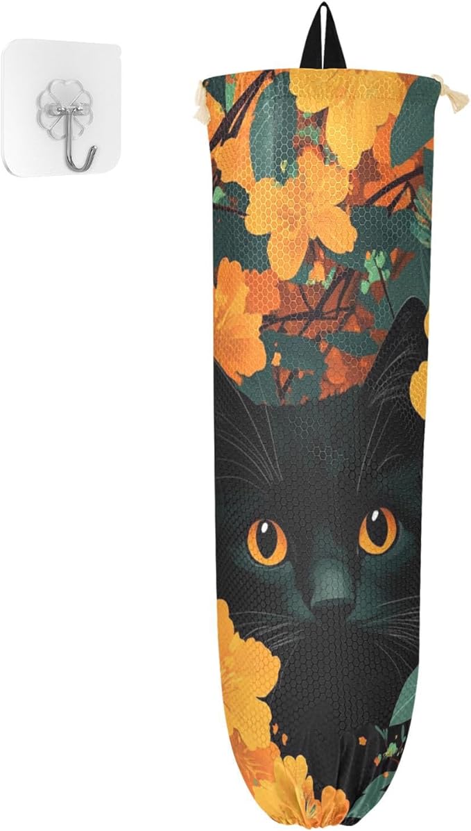 Plastic Bag Holder Wall Mount Grocery Bag Shopping Bag Storage Holder Organizer Dispenser with Adhesive Hook,for Kitchen Bathroom Home Decor 9x22 Inches Cute Cat Flower18
