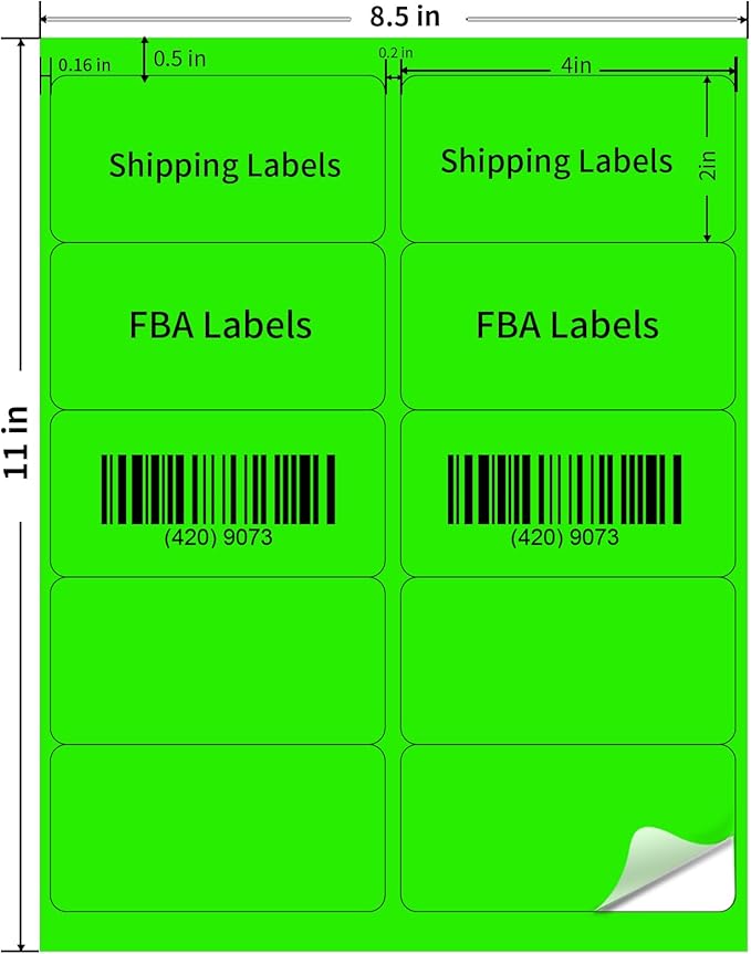 YEGAWEN Shipping Labels Stickers, 2"×4" Printable Mailing Label for Laser/Inkjet Printing- Matte, Permanent Adhesive Labels Stickers (Fluorescent Green)