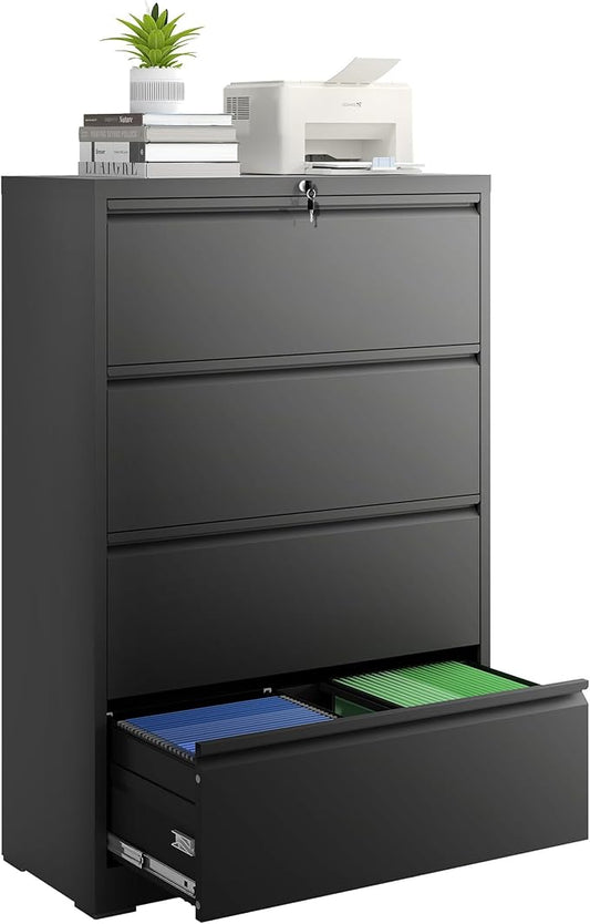 4 Drawer File Cabinet with Lock, Lateral Filing Cabinets,Metal Storage Filing Cabinets for Home Office, Heavy Duty File Cabinet for Letter/Legal/A4/F4 Size Amsseble Required, Black