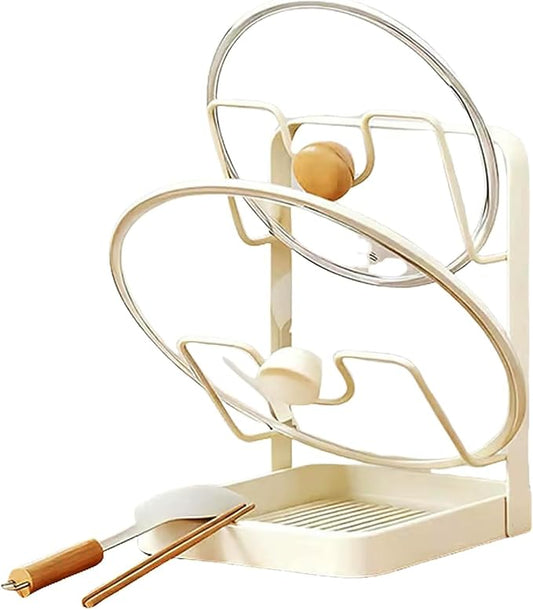 Kitchen Pot Lid Storage Rack, 304 Stainless Steel Multifunctional Holder and Spoon Rest, Pot Lid Holder Rack While Cooking Organizer for Countertop with Removable Drip Tray (2-Layer White)