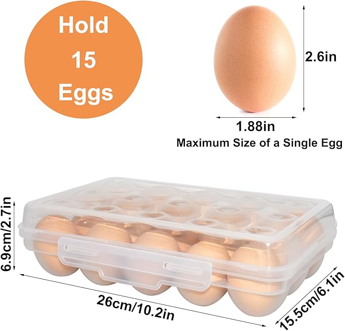 Large Egg Holder for Fridge Camping, Portable Egg Tray Carrier with Lid, Stackable Egg Storage Container with Safety Buckle (15 Grids Egg Tray)