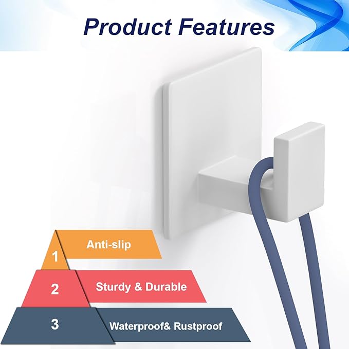 VINHOLD Adhesive Shower Hooks, Towel Hooks for Hanging Robe, Coat, Hat, Loofah, Heavy Duty Wall Hooks Stick on Bathroom, Kitchen and Office (2 Pack, White)