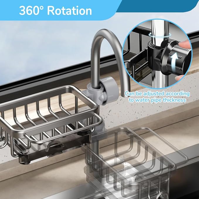 Eadwe Sink Organizer Rack for Kitchen and Bathroom, 2024 New Kitchen Sink Faucet Organizer with Drip Tray Faucet Sponge Holder (Grey, Left+Right)