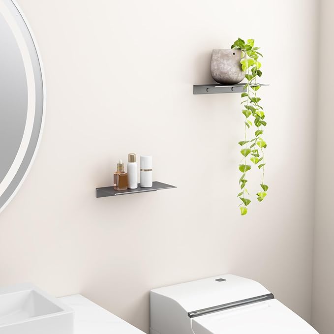 Danpoo Grey Floating Shelves for Wall Storage, Metal Wall Shelves for Living Room, Bathroom, Kitchen, Small Display Shelves for Collectibles, 8”(2 PCS)