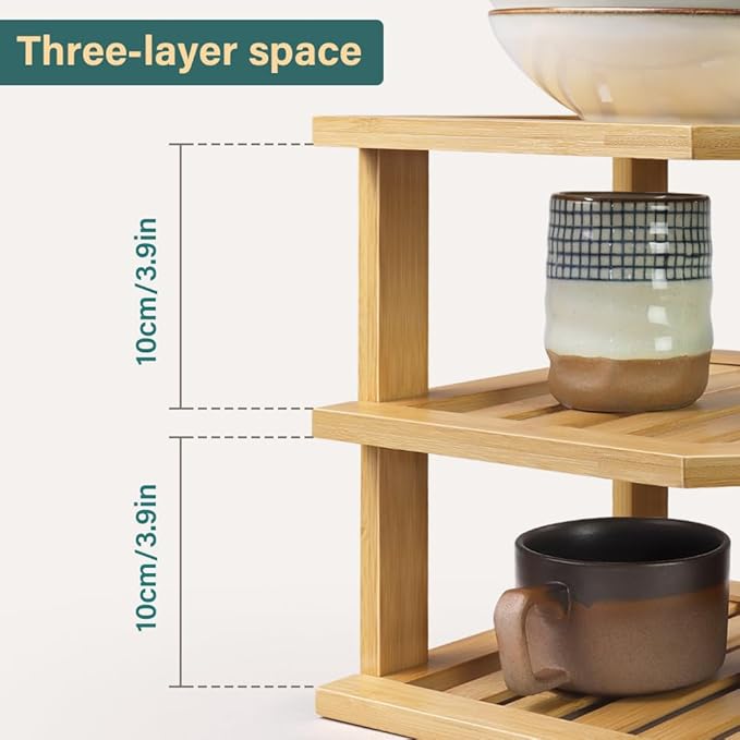 Bamboo Plate Organizer Kitchen Cabinet Organizer 3 Tier Corner Counter Shelf for Plate Dish Bathroom Countertop Shelves, Natural
