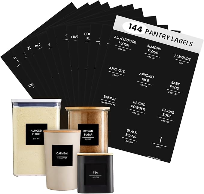 Talented Kitchen 144 Minimalist Pantry Labels – Preprinted White All-Caps on Matte Black Vinyl Stickers, Water-Resistant Adhesive Labels for Kitchen, Jars, Containers, Spices & Pantry Organization