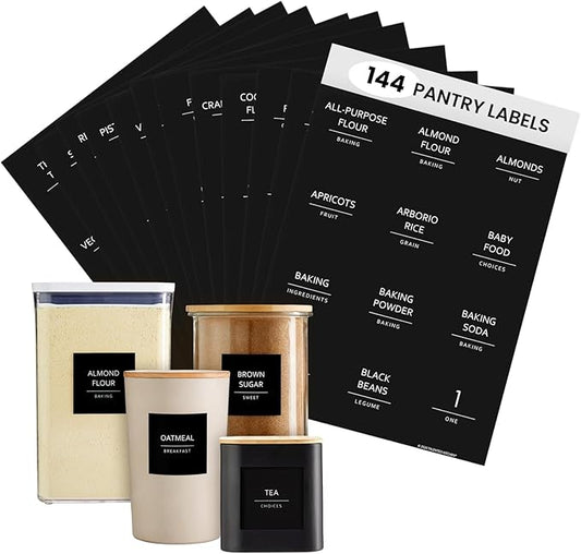 Talented Kitchen 144 Minimalist Pantry Labels – Preprinted White All-Caps on Matte Black Vinyl Stickers, Water-Resistant Adhesive Labels for Kitchen, Jars, Containers, Spices & Pantry Organization