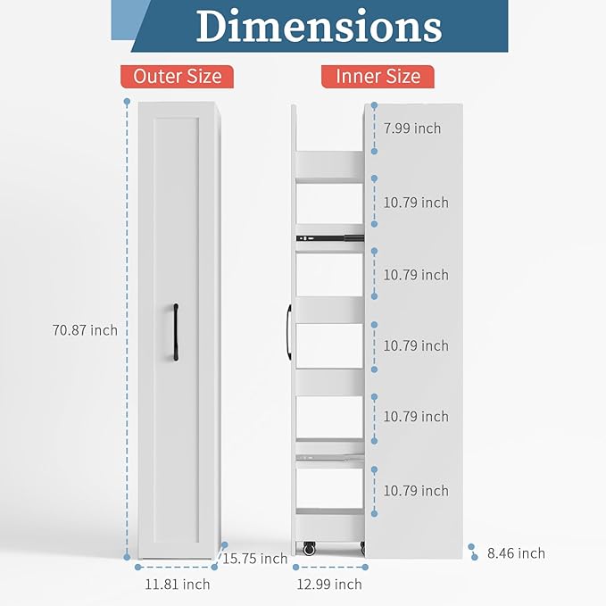 Tall Slim Rolling Storage Cart on Wheels 6-Tier Next to Fridge 11.81 inch Wide Narrow Pull-out Skinny Spice Rack Side of Refrigerator Slide-out Shelf Pantry Cabinet for Kitchen, Laundry Room White