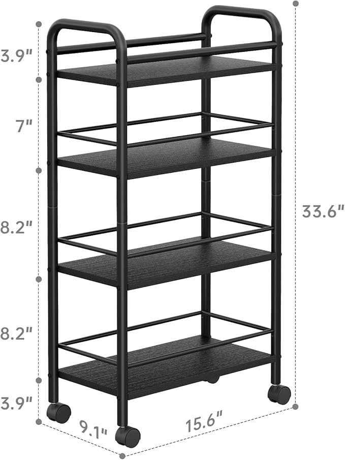 Slim Storage Cart, 4-Tier Small Rolling Cart with Wheels, 9.1" Deep, Narrow Bathroom Shelf Trolley for Kitchen, Bathroom, Laundry Room, Black Large 4-Tier (9.1" W x 33.6" H)
