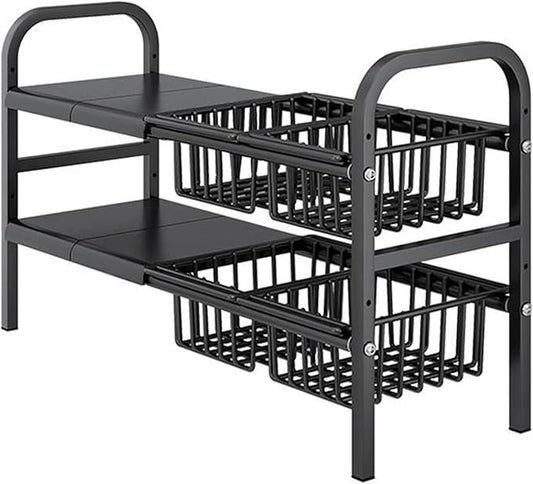 Under Sink Organizers, 2 Tier Stretchable Cabinet Shelf Organizer with 4 Removable Panels and 4 Under Shelf Basket for Under Bathroom Storage,Under Cabinet Shelves,kitchen Sink Storage Rack (black)