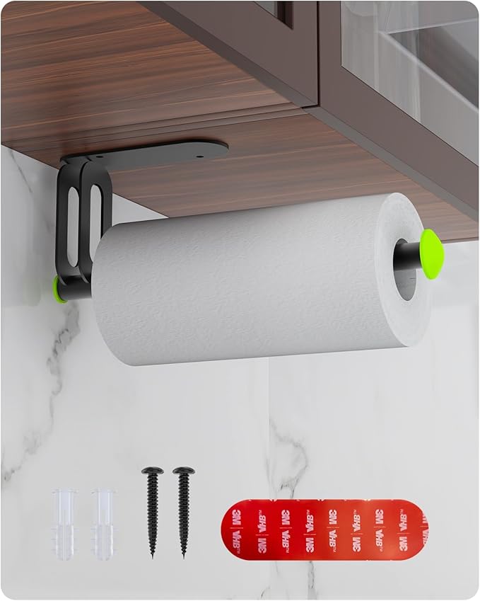 Paper Towel Holder - Kerisgo Paper Towels Holder Under Cabinet for Kitchen,Strong Adhesive Paper Towel Roll Rack for Bathroom,Wall Mounted Toilet Paper Holder for Cabinet,Vanity,Sink,RV(Matte Black)