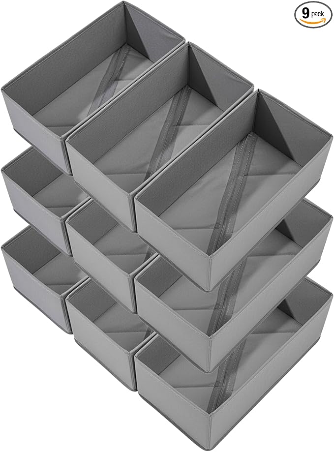 Sock Drawer Organizer 9 Pack - Collapsible Fabric Storage Bins for Underwear Divider, Small Closet Organizers with 9 Compartments, Gray