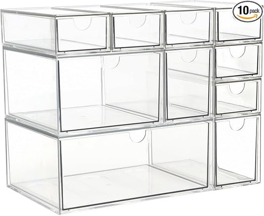 Acrylic Makeup Organizer, 10 Drawers Clear Storage Organizer Desktop Stackable Storage Drawers, Plastic Organizer Bins for Makeup, Stationery, Cosmetics, Vanity, Bathroom,Cabinet,Pantry Office Desk