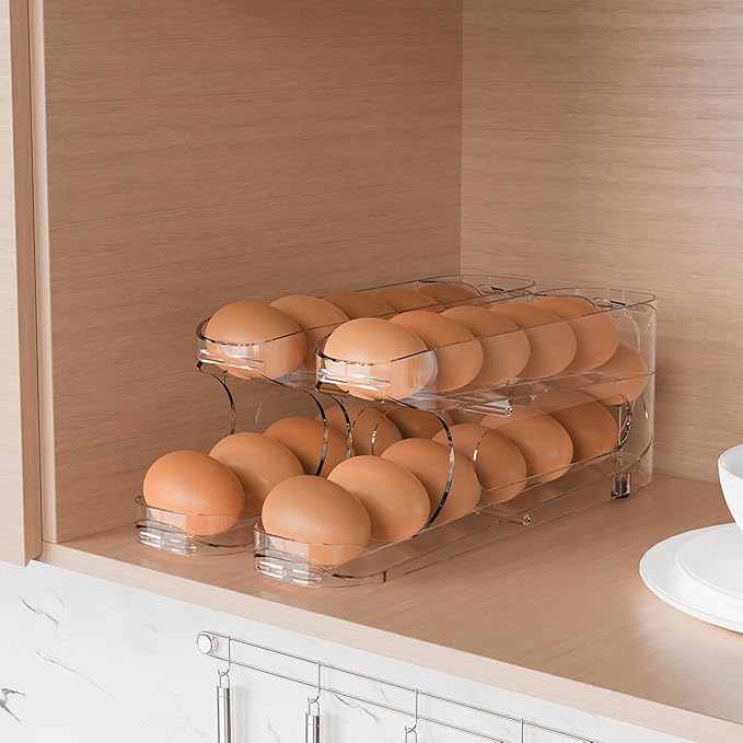 Egg Holder for Fridge, Auto Rolling Egg Storage Organizer for Refrigerator, Clear Space Saving Container, Dispenser - FIFO Egg Roller for Eggs 24 Count