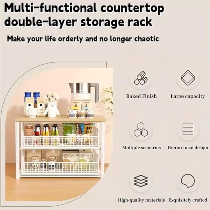 Kitchen Countertop Organizer with Drawer & Wire Basket, 3-Layer Fruit Storage Basket Snack Rack Hardwood, Desktop Pull-Out Metal Organizers for Coffee Maker Microwave Toaster & Spices (3-Layer White)
