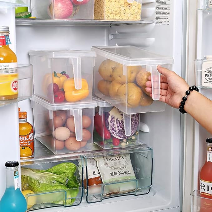 Sooyee Fridge Organizer,4 Pack Refrigerator Organizer Bins,Fridge Organizers and Storage Clear with Handle & Lid,Fruit Containers for Fridge,Fridge Storage To Keep Fresh for Food, Vegetables,5L