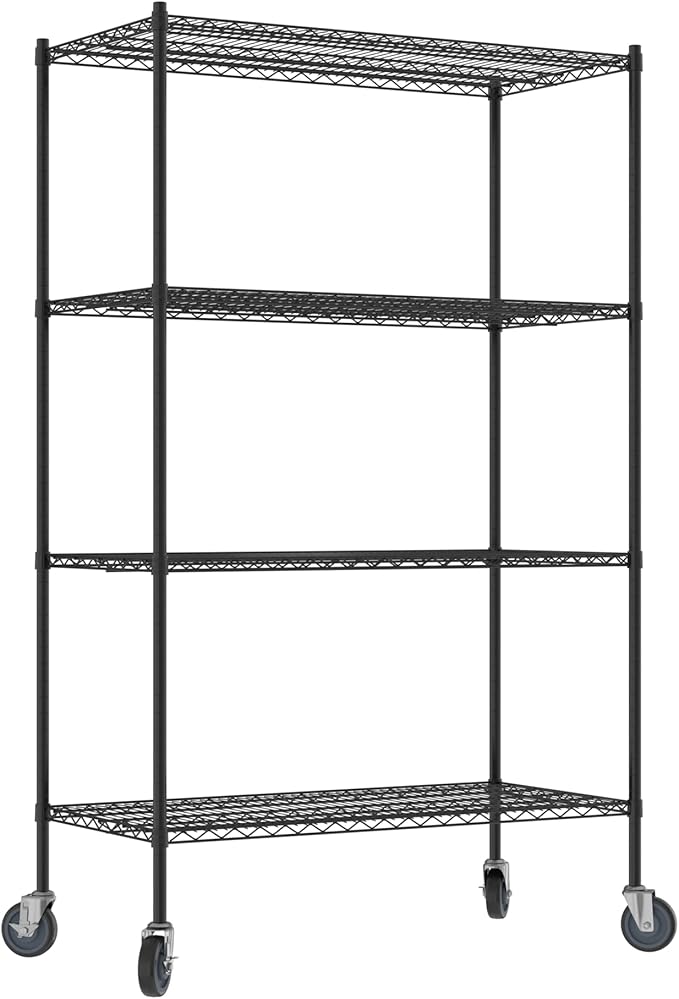 Commercial NSF Listed Black Epoxy Mobile Wire Shelving Kit 24" x 48" x 80", with 4 Shelves Perfect for Warehouse, Walk-in Refrigerator, Freezer, Grocery Store, Restaurant, Dishroom