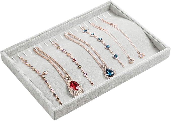 Stratalife Necklace Organizer Stackable Jewelry Organizer 20 Hooks Large Jewelry Tray Velvet Necklaces Holder Bracelet Storage for Women Girls Grey