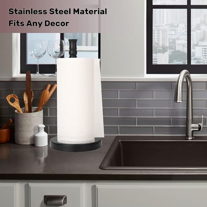 Black Paper Towel Holder Stand Countertop with Heavy Weighted Stainless Steel Base, Free Standing Paper Towel Holder (Black Matte)