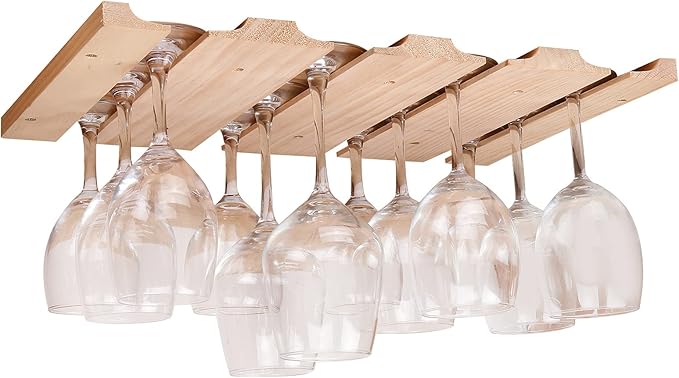 Wine glass holder-a wooden wine glass rack and goblet storage rack installed under the cabinet or countertop (Natural color)