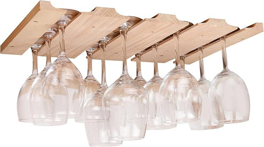 Wine glass holder-a wooden wine glass rack and goblet storage rack installed under the cabinet or countertop (Natural color)