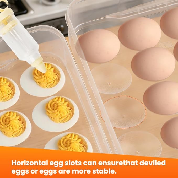 2-Layer Deviled Egg Containers With Lid,48PCS Deviled Eggs Tray Carrier with Hand Injector Piping Tool, Platter Holder Organizer for Refrigerator Party Picnic Travel Event