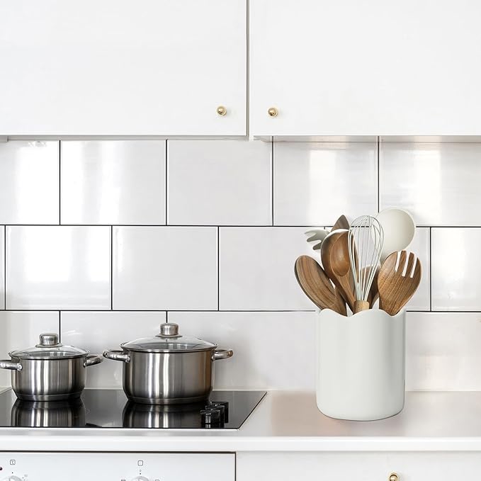 Ceramic Utensil Holder for Kitchen Counter, 6.2" Large Kitchen Utensil Holder for Countertop with Cork Bottom, Cooking Tool Organizer for Spatula, White