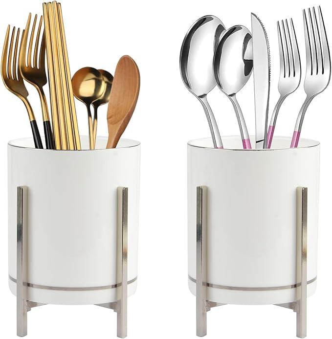 Farmhouse Flatware Holder for Dinner Table, Countertop Silverware Organizer, Decorative Cutlery Utensil Caddy for Kitchen or Parties, Spoon Fork Knife Organizer, Cup with Silver Trim, 2 PCS